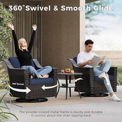 5 Pieces Patio Conversation Furniture Set - 1 Sofa, 2 Swivel Chairs, 2 Ottomans, Outdoor Wicker Furniture with Removable Cushions for Porch, Balcony, Sunroom (Blue)