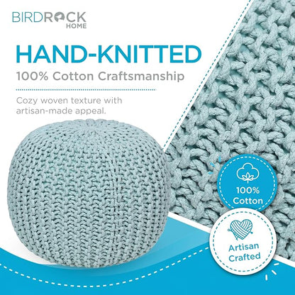 BIRDROCK HOME Round Pouf Ottoman Foot Rest - 18.5”x18.5”x15” Boho Compact Comfortable Soft Cotton Braided Foot Stool with Bean Bag Filling for Living Room, Bedroom, or Nursery (Sage Green)