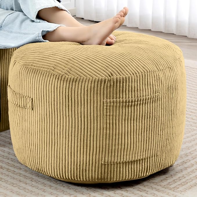 Round Stuffed Pouf Ottoman,Corduroy Foot Rest with Rebound Foam Filled, Furry and Fluffy Foot Stool Ottoman, Floor Poufs for Living Room (Yellow, 26" D x 26" W x 18" H)