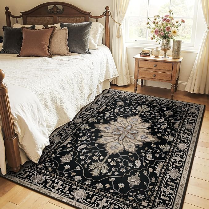 RELEANY Area Rugs 4'x5' Washable Non-Slip, Floral Vintage Distress Medallion Carpet for Living Room Bedroom Dining Room, Black Brown Neutral Dark Tan