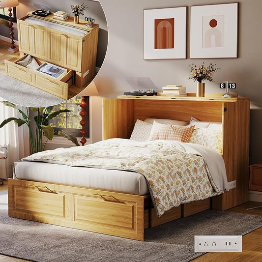Murphy Bed Full Size: Oak 2 in 1 Murphy Bed Cabinet with Drawer, Wood Cabinet Bed with Charging Station, Modern Hidden Beds for Small Spaces