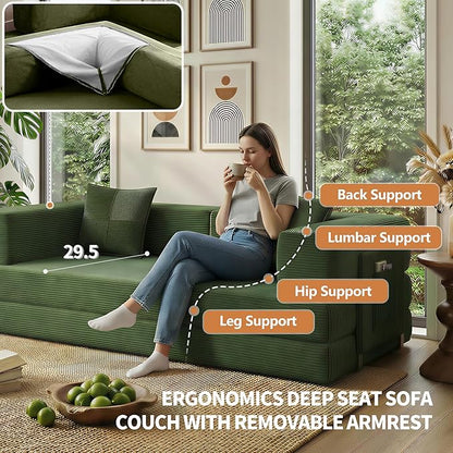 78.8" Convertible Sofa Bed with Armrest Pillow, 4-in-1 Sleeper Couch Bed for Livingroom, Modular Corduroy Boneless couches, No Assembly (Green)