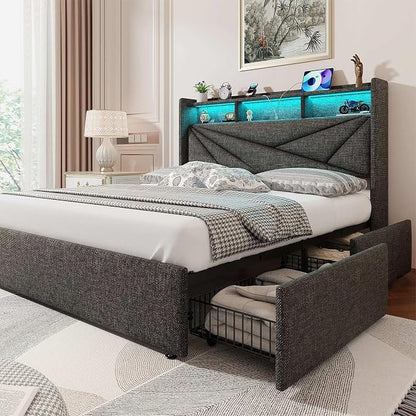 Driftalia LED Queen Bed Frame with 4 Storage Drawers, Upholstered Bed Frame Queen Size with 2-Tier Headboard and Charging Station, No Box Spring Needed, Easy to Assembly - Dark Grey