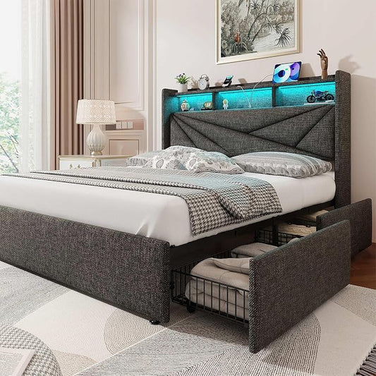 Driftalia LED Full Size Bed Frame with 4 Storage Drawers, Upholstered Full Bed Frame with 2-Tier Headboard and Charging Station, No Box Spring Needed, Easy to Assembly - Dark Grey