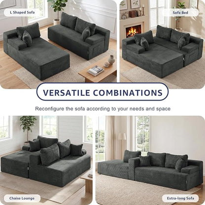 Hobestluk Modular Sectional Sofa Couches L-Shape Couch 3 Seat Modular Sofa Memory Foam Sectional Couches for Living Room, Cloud Couch with Oversized Chaise (Grey Corduroy, 108", Left Hand Facing)