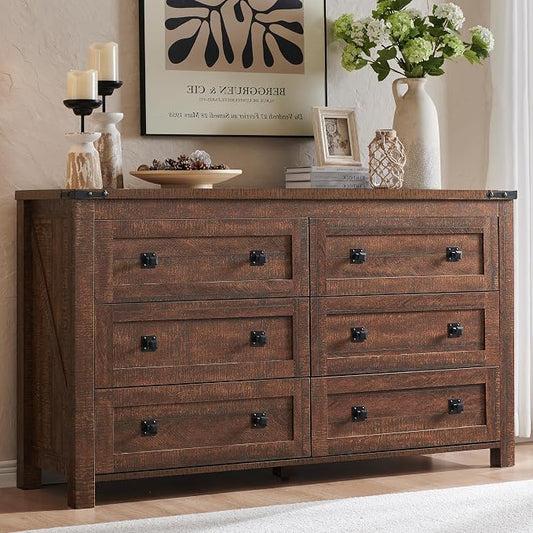T4TREAM 54" Wide Farmhouse 6-Drawer Dresser for Bedroom, Reclaimed Barnwood | Rustic, Wood Storage Cabinet, Metal Handle, Unique Corner Accent, Bedroom, Living Room, Hallway