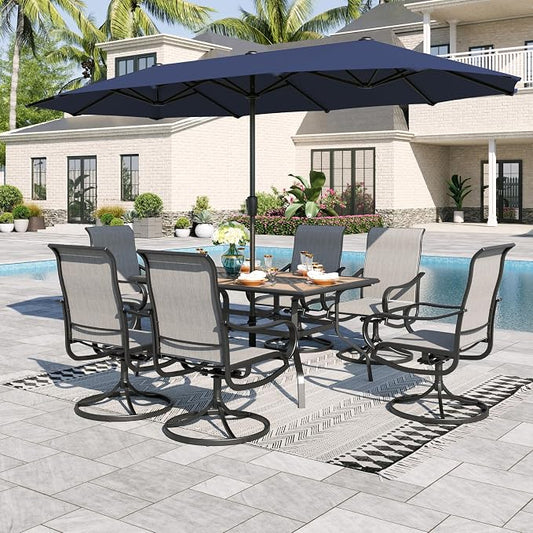 Sophia & William Patio Set with Umbrella Outdoor Dining Set for 6 with 13ft Umbrella Navy Blue, 6 x Patio Chairs Grey, 1 Wood Like Outdoor Dining Table for Deck Lawn Garden (No Umbrella Base)