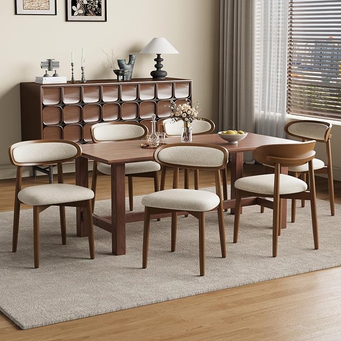 Wooden Dining Chairs Set of 6, Modern Fabric Upholstered Dining Room Chair, Kitchen Side Chairs, Farmhouse Dinner Chair with Curved Back for Kitchen, Beige