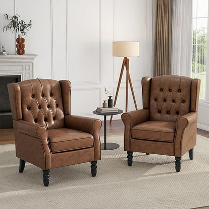 Faux Leather High Back Accent Chairs Set of 2, Leather Upholstered Armchair Wingback Chair for Living Room, Comfy Single Sofa Bedroom Reading Seat with Solid Wood Legs, Brown
