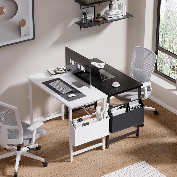 Pamray 32 Inch Computer Desk Small Spaces Desk with Storage Bag for Bedroom Writing and Home Office Work Small Study Desk Table White