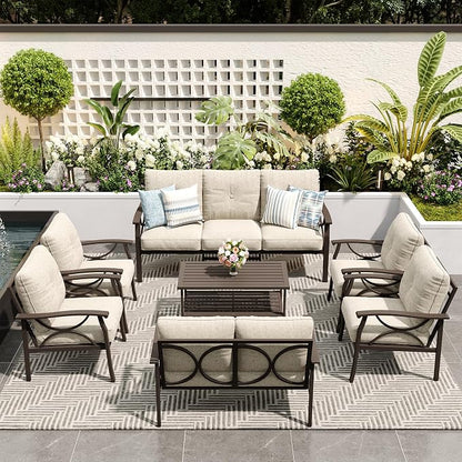 FansaFurn 7-Pieces Outdoor Patio Furniture Set, Outdoor Metal Sectional Furniture with Cushions, Outdoor Conversation Seating Set with Coffee Table for Garden, Balcony, Deck, Backyard, Khaki