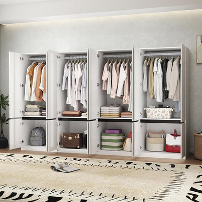 Bedroom Armoire Wardrobe Closet with 8 Doors: 75" White Wardrobe Cabinet for Clothes, Wooden Closet with Hanging Rod, Modern Armoire with Shelves (4)