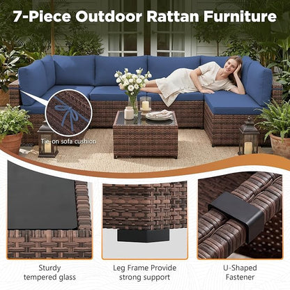 LHBcraft 7 Pieces Outdoor Wicker Rattan Patio Furniture, Wicker Rattan Outdoor Sectional Sofa Set with Coffee Table & Blue Cushions for Garden, Poolside