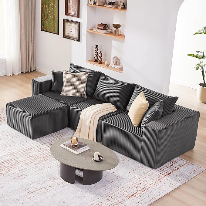 Weture 107.4" Cloud Couch Sectional, Modular Sofa with Deep Seat, Plush Corduroy L Shaped Boneless Couch, Convertible Sectional Couches for Living Room, 4Seat, Darkgrey
