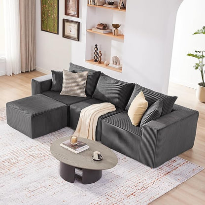 Weture 107.4" Cloud Couch Sectional, Modular Sofa with Deep Seat, Plush Corduroy L Shaped Boneless Couch, Convertible Sectional Couches for Living Room, 4Seat, Darkgrey
