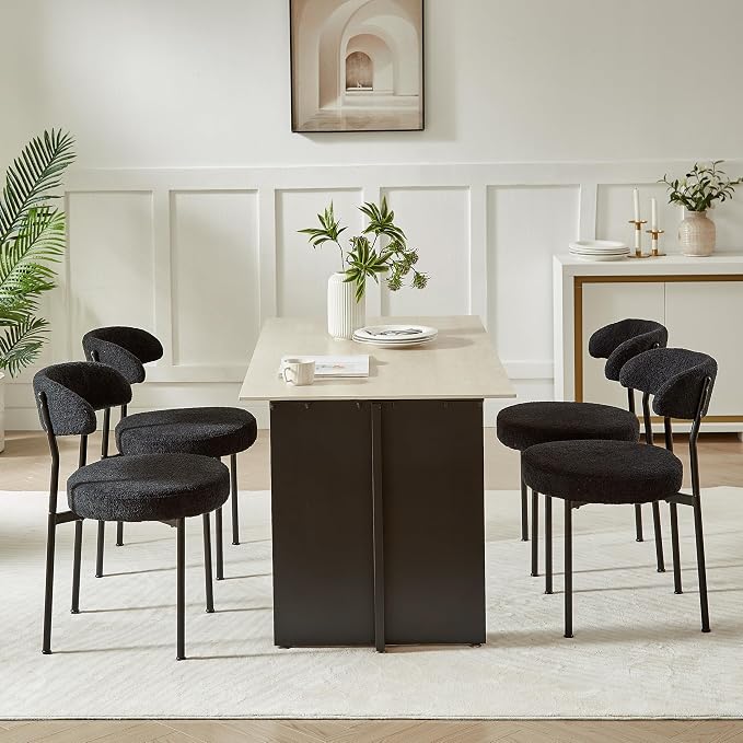 SoarFlash Dining Chairs, Black Boucle Dining Chairs Set of 4, Kitchen Dining Room Chairs Curved Backrest Upholstered Mid Century Modern Chairs with Black Metal Legs