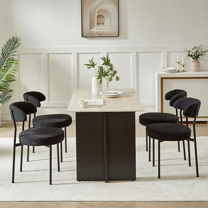 SoarFlash Dining Chairs, Black Boucle Dining Chairs Set of 4, Kitchen Dining Room Chairs Curved Backrest Upholstered Mid Century Modern Chairs with Black Metal Legs