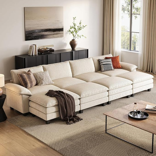 LINSY HOME 157'' Modular Sectional Sofa 4 Seat Couch Corduroy Cloud Couch with Deep Seat, Modern Cloud Couch with 4 Movable Ottoman for Living Room, Office, Bedroom, Beige