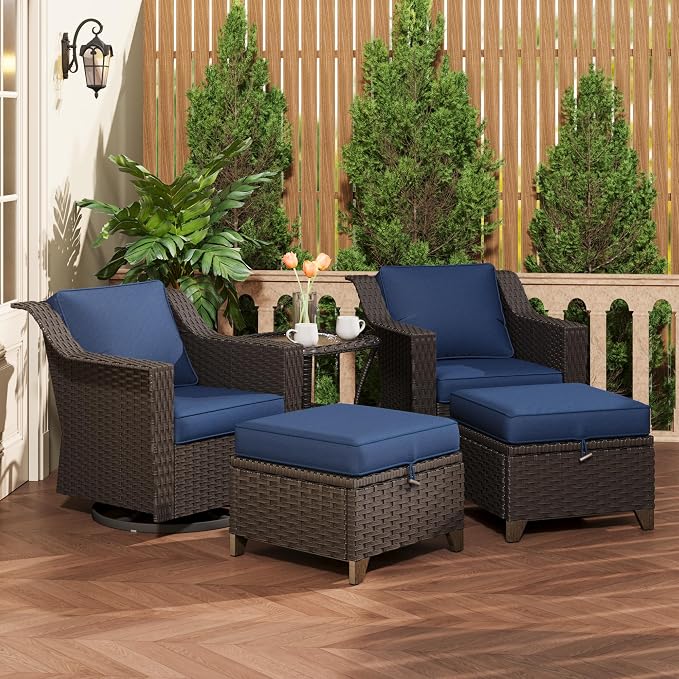 MeetLeisure 5 Pieces Patio Conversation Furniture Set - Swivel Chairs with Ottomans Set of 2, 1 Side Table, Outdoor Wicker Furniture Set with Washable Cushions for Porch, Balcony, Sunroom (Navy Blue)