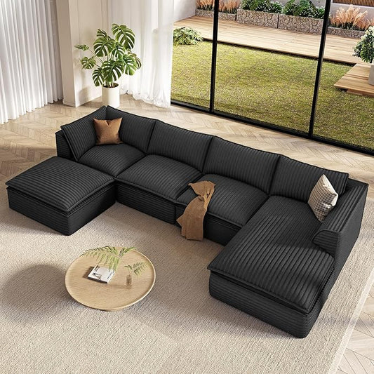 Vesgantti 141.7" U Shaped Sectional Boneless Couch, Modern 6 Seater Modular Sofa with Chaise & Ottoman, Deep Seat Plush Corduroy Cloud Couches for Living Room, No Assembly Required, Dark Gray