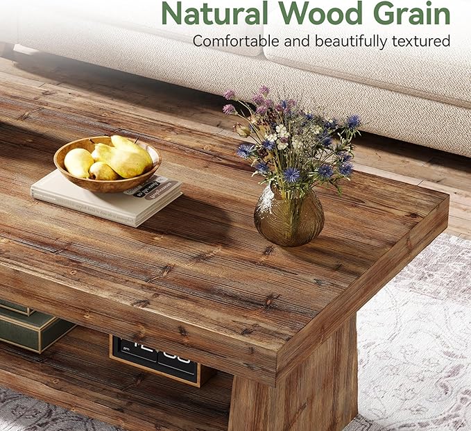 47" Solid Wood Coffee Table, 2-Tier Rectangular Farmhouse Center Table with Storage Shelf, Distressed Charred Wood Coffee Tables for Living Room, Rustic Vintage Carbonized
