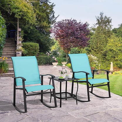 Shintenchi 3 Piece Rocking Bistro Set, Outdoor Furniture with Rocker Chairs and Glass Coffee Table Set of 3, Balcony, Porch Furniture for Small Space, Blue