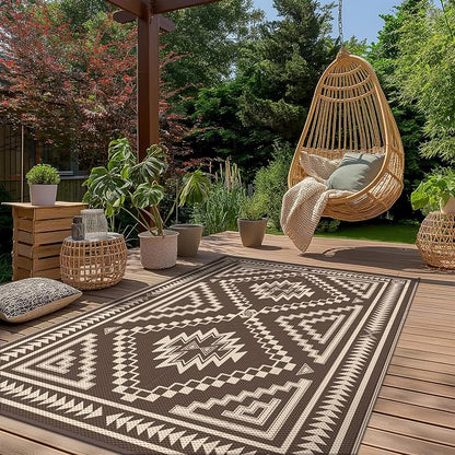 GENIMO Outdoor Rug for Patio Clearance - 9x12 ft Waterproof Plastic Camping Rugs, Reversible Outside Rv Mat Carpet for Porch, Deck, Picnic, Balcony, Beach, Backyard, Coffee Beige
