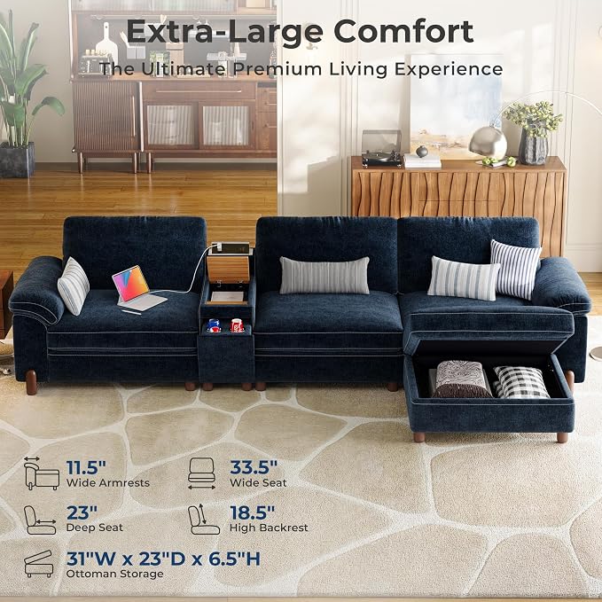 SITJOY Large Cloud Couch, 132" Wide 3 Seater Couch with Console, Navy Blue | Detachable and Washable Chenille Cover Sectional Sofas for Living Room, Deep Seat Wide Couch with Chaise, Storage Ottoman