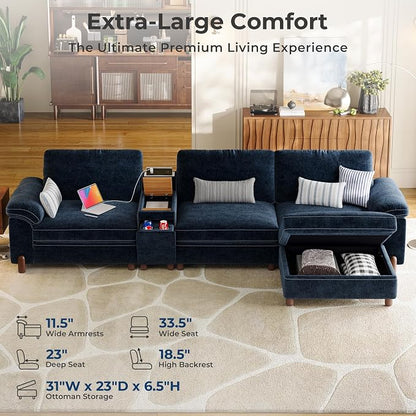 SITJOY Large Cloud Couch, 132" Wide 3 Seater Couch with Console, Navy Blue | Detachable and Washable Chenille Cover Sectional Sofas for Living Room, Deep Seat Wide Couch with Chaise, Storage Ottoman
