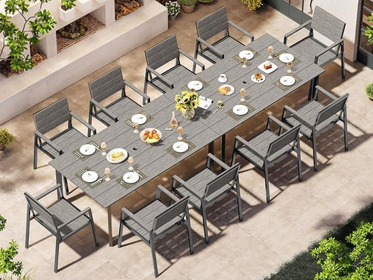 Outdoor Dining Set for 10, Patio Table and Chairs Set with Umbrella Hole, 12 Pieces HDPS + Aluminum Outdoor Furniture Sets for Patio, Garden (Gray)