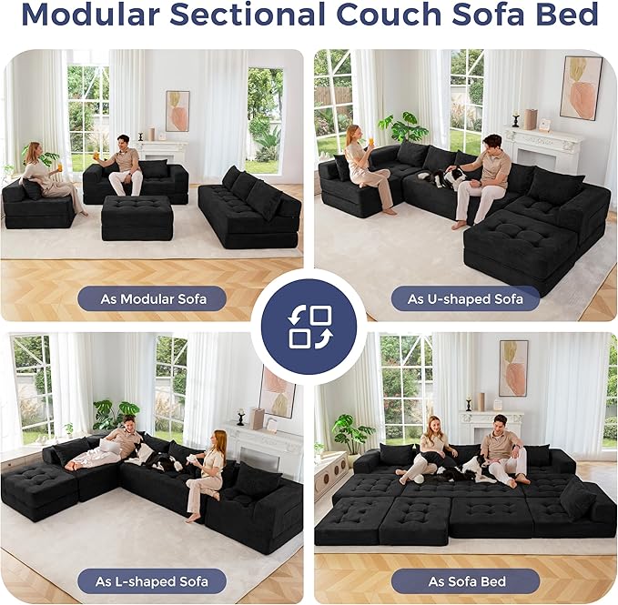 MAXYOYO Modular Sectional Sofa Couch, Foldable U Shaped Cloud Couch with Pillows, Tufted 7-Seat Boneless Lounger Floor Sofa Bed for Living Room, No Assembly Required, Black