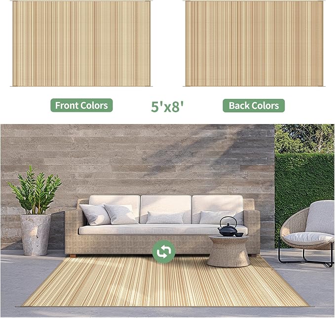 GENIMO Outdoor Rug for Patio Clearance, 5'x8' Reversible Plastic Straw Rugs, Lightweight Waterproof RV Camping Mat for Camper, Balcony, Deck, Backyard, Picnic, CoffeeBeige