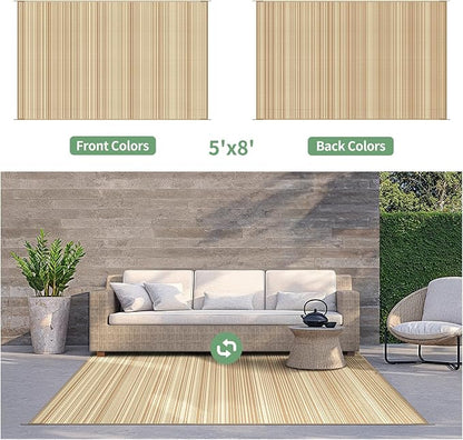 GENIMO Outdoor Rug for Patio Clearance, 5'x8' Reversible Plastic Straw Rugs, Lightweight Waterproof RV Camping Mat for Camper, Balcony, Deck, Backyard, Picnic, CoffeeBeige