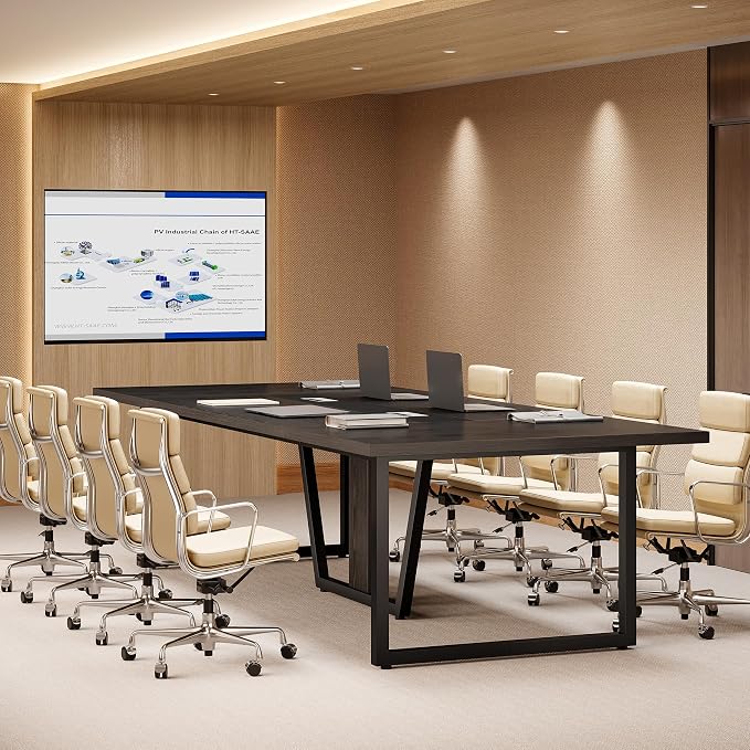 LITTLE TREE 8FT Conference Table for 10 People, Large Meeting Table, Modern Wooden Conference Room Table with Cable Management, Business Training Table with Strong Metal Legs for Office, Black