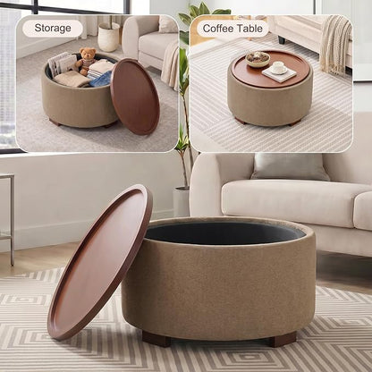 29.1 Inch Round Ottoman Coffee Table, Ottoman with Storage, Boucle Camel | Storage Ottoman with Removable Lid Top, Solid Wood Legs, Round Ottoman for Living Room, Bedroom, Apartments