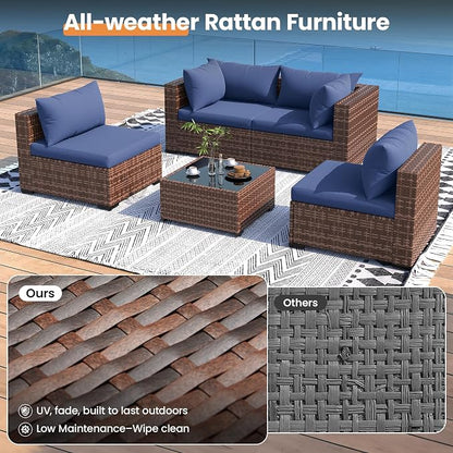 UDPATIO Patio Furniture Set with Fire Pit Table, 5 Piece Outdoor Sectional Sofas, All-Weather Wicker Conversation for Garden, Backyard, Navy Blue