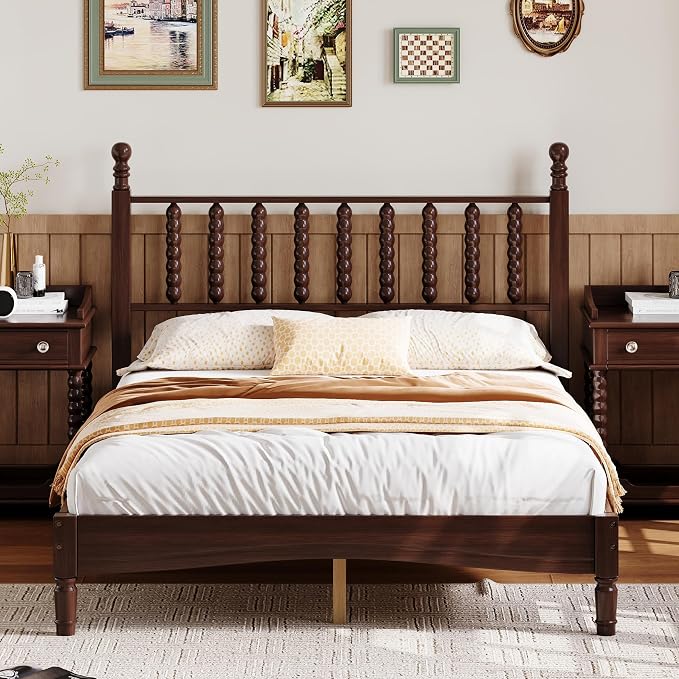Walnut 3 Pieces Full Bedroom Set, Vintage Platform Bed Frame Full Size with 2 Nightstand, Wood Traditional Bedframe with Spindle Headboard, No Box Spring Required (Walnut, Full)