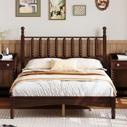 Walnut 3 Pieces Full Bedroom Set, Vintage Platform Bed Frame Full Size with 2 Nightstand, Wood Traditional Bedframe with Spindle Headboard, No Box Spring Required (Walnut, Full)