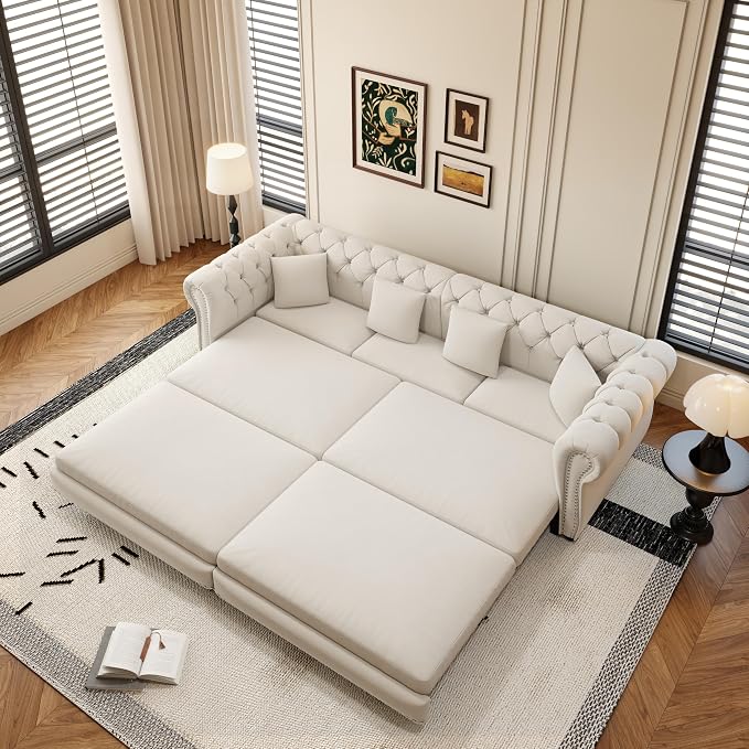 89'' Pull Out Sofa Bed King, Chesterfield Velvet Sleeper Sofa, Convertible L-Shaped Futon Couch, Tufted Back, 4 Pillows, Ottoman, Deep Seat Loveseat Couches for Living Room, Apartment, Beige