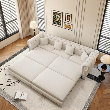 89'' Pull Out Sofa Bed King, Chesterfield Velvet Sleeper Sofa, Convertible L-Shaped Futon Couch, Tufted Back, 4 Pillows, Ottoman, Deep Seat Loveseat Couches for Living Room, Apartment, Beige