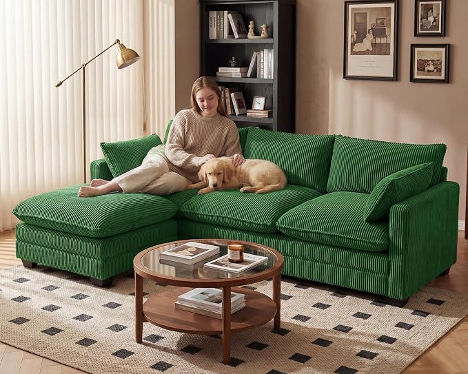 Gizoon 110'' Oversized L Shaped Couch for Living Room, Cloud Couches with Washable Corduroy Cover, Modern 4-Seater Comfy Deep-Seat Sofa with Movable Ottoman and 2 Throw Pillows for Apartment, Green