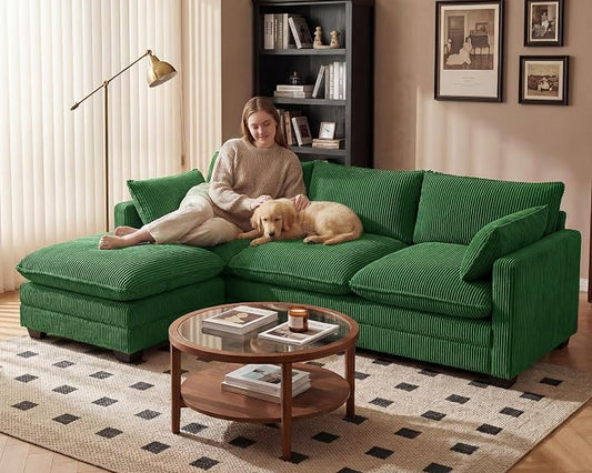 Gizoon 110'' Oversized L Shaped Couch for Living Room, Cloud Couches with Washable Corduroy Cover, Modern 4-Seater Comfy Deep-Seat Sofa with Movable Ottoman and 2 Throw Pillows for Apartment, Green