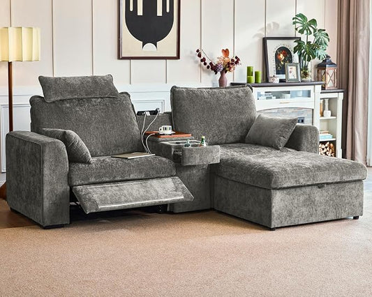 102.8'' Loveseat Power Recliner Sofa with Headrest, Oversized Cloud Modular Sectional Couch with Table, Drawer, Charging, 3-Seater with Storage Ottoman for RV Home Theater, Chenille, White