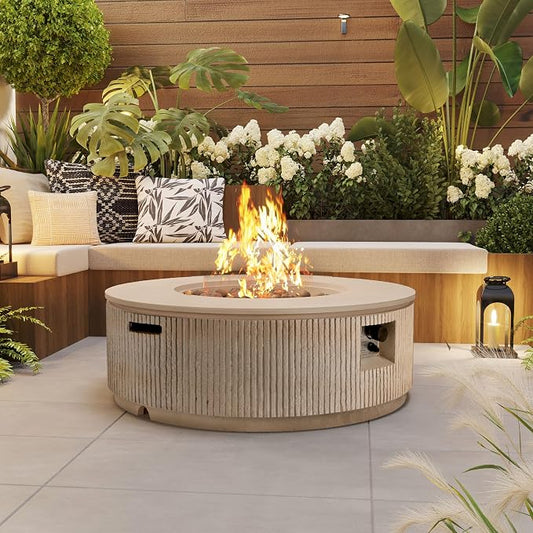Merax 38.19'' MGO Propane Outdoor Fire Pit with Vertical Stripe Design, 50000 BTU Round Fire Pit Table with Steel Burner, Adjustable Flame Control, Lava Rocks & Rain Cover for Patio&Backyard, Brown
