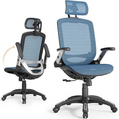 GABRYLLY Ergonomic Office Chair, High Back Mesh Desk Chair with Adjustable Headrest, Flip-Up Arms, 90-120° Tilt Lock, Lumbar Support and Comfy Seat, Swivel Computer Task Chair, Blue