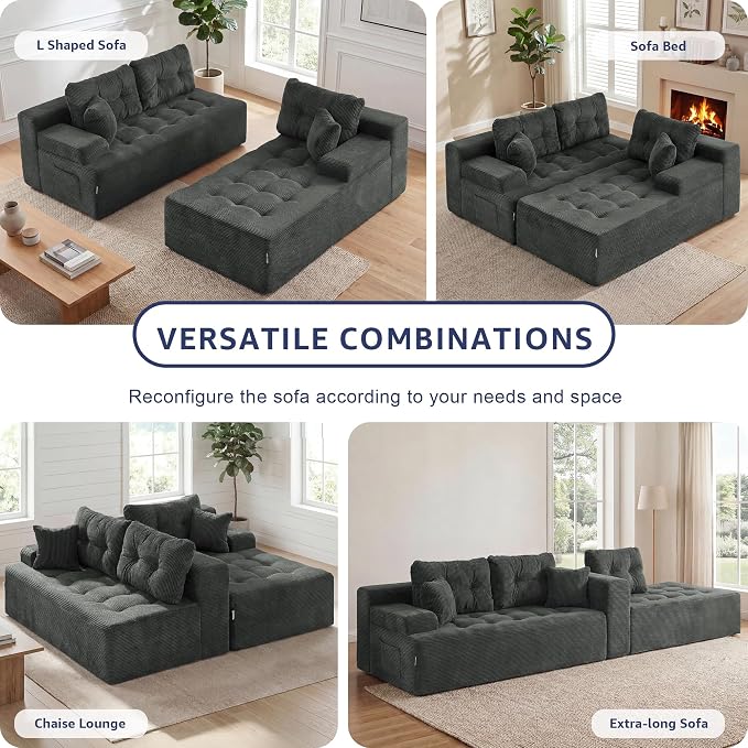 Hobestluk Modular Sectional Sofa Couches L-Shape Couch 3 Seat Modular Sofa Memory Foam Sectional Couches for Living Room, Cloud Couch (Charcoal Corduroy, 108", Right Hand Facing)