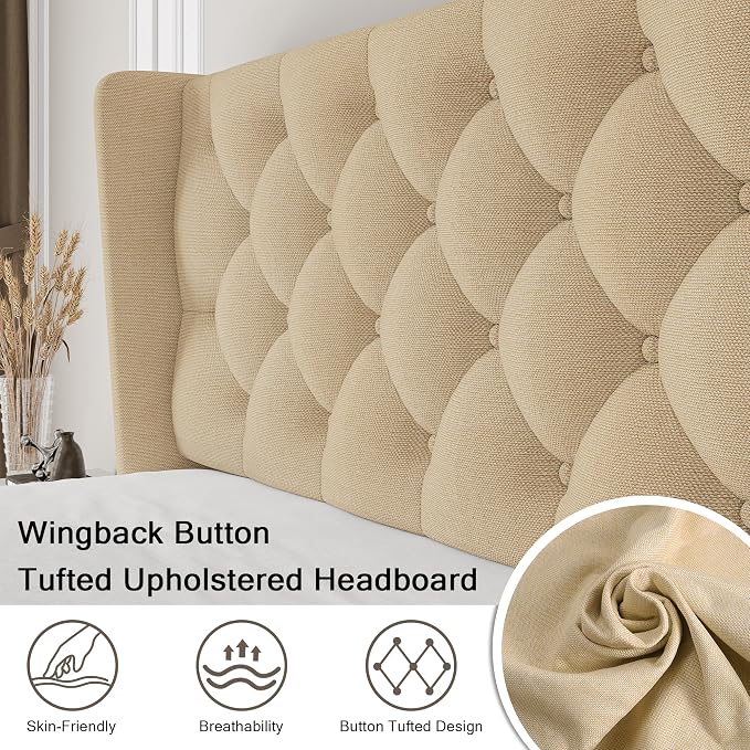 Einhomn Full Size Platform Bed Frame with Fabric Upholstered Wingback Headboard, 10" Under Bed Space, Wooden & Metal Slats Support, No Box Spring Needed, Beige