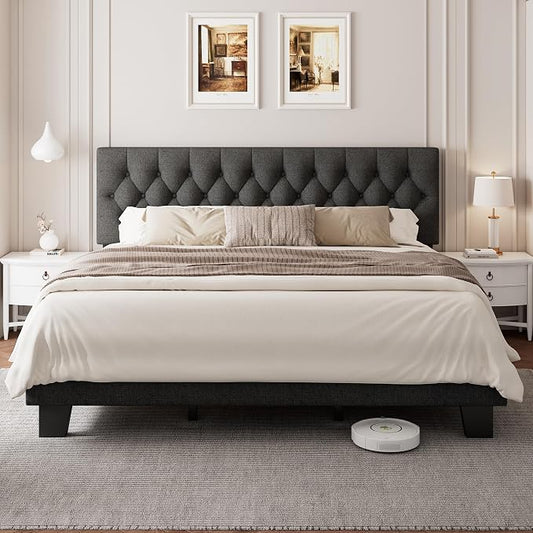 Einhomn King Size Upholstered Bed Frame with Headboard, Tufted Button Linen Bed Base, Platform Bed with Heavy Duty Wood Slat Support, No Box Spring Needed, Easy Assembly, Noise-Free, Dark Grey