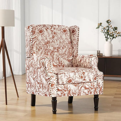 High Back Floral Accent Chairs Set of 2, Fabric Wingback Chair Upholstered Armchair for Living Room - Rococo Orange