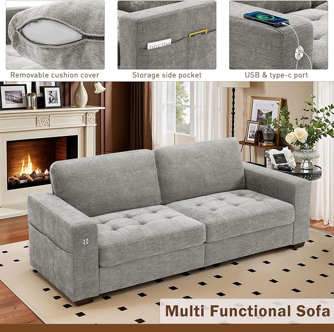 Hanherry Couch for Living Room, Modern Comfy Sofa with Medium Firm Seat Cushion, Removable Cover,Wide Armrest,USB/Type-C Port,Chenille Fabric Couches for Small Space,Apartment (Gray, 89 inch)